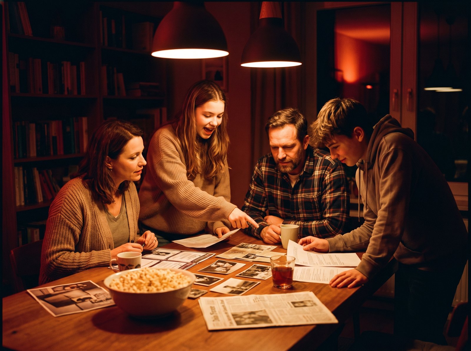 Family playing a printable detective murder mystery game at home