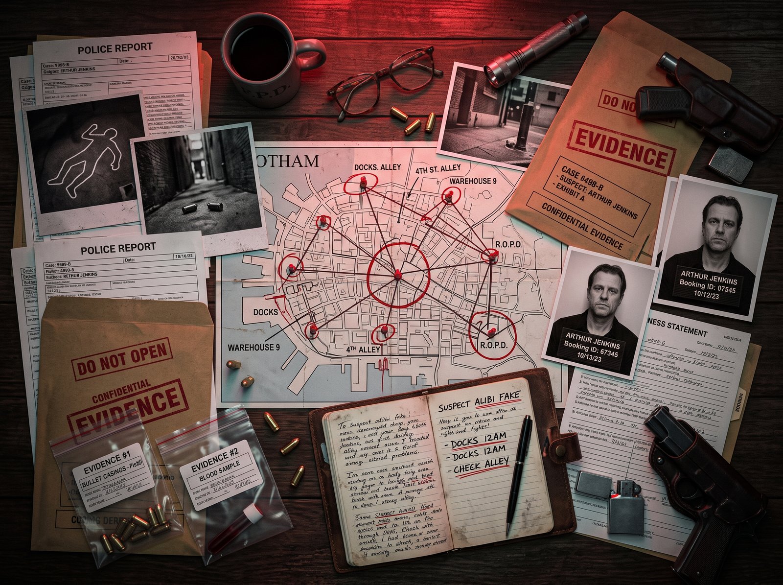 Printed ColdCase detective game contents: evidence photos, witness statements and case documents